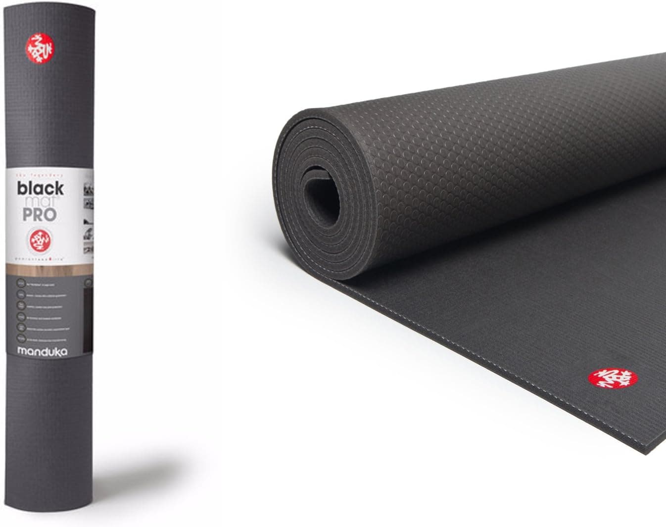Manduka PRO yoga mat in black rolled and unrolled