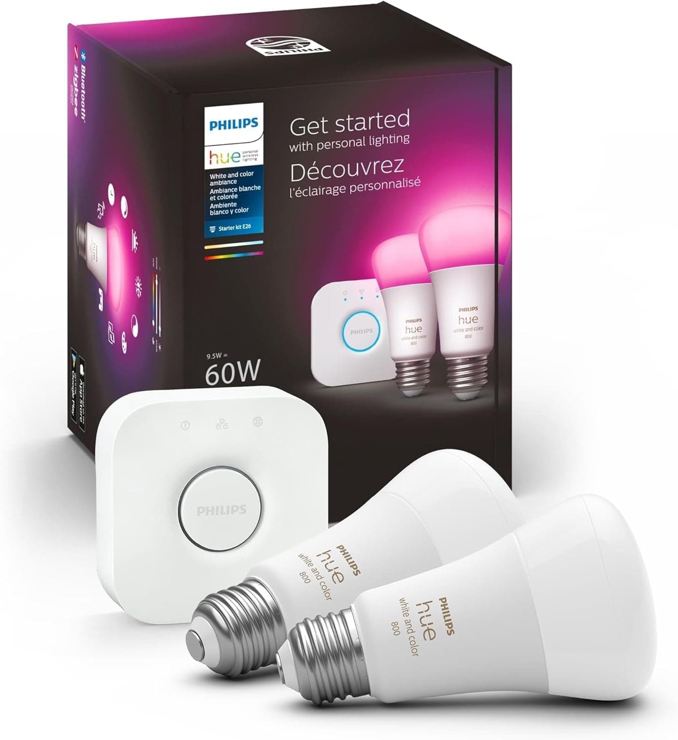 Philips Hue White and Color Ambiance starter kit with bridge and two A19 bulbs