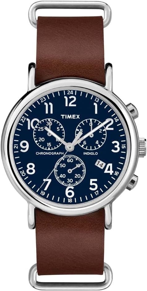 Timex Weekender Chronograph 40mm watch with brown leather strap and blue dial