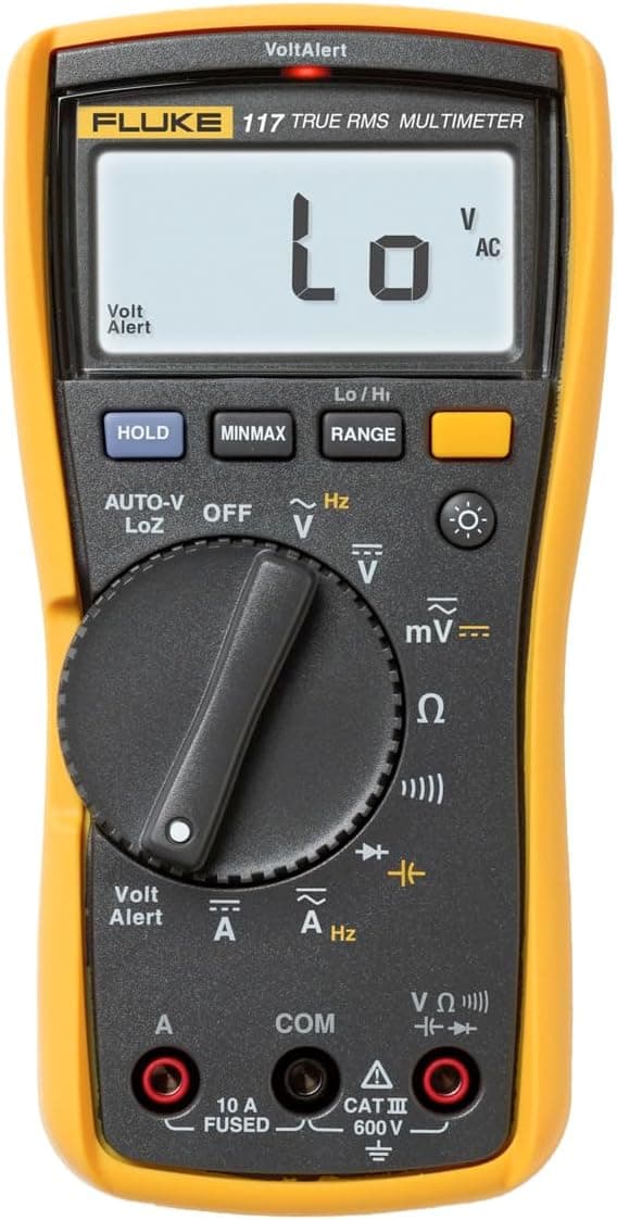 Fluke 117 digital multimeter with yellow housing and test leads